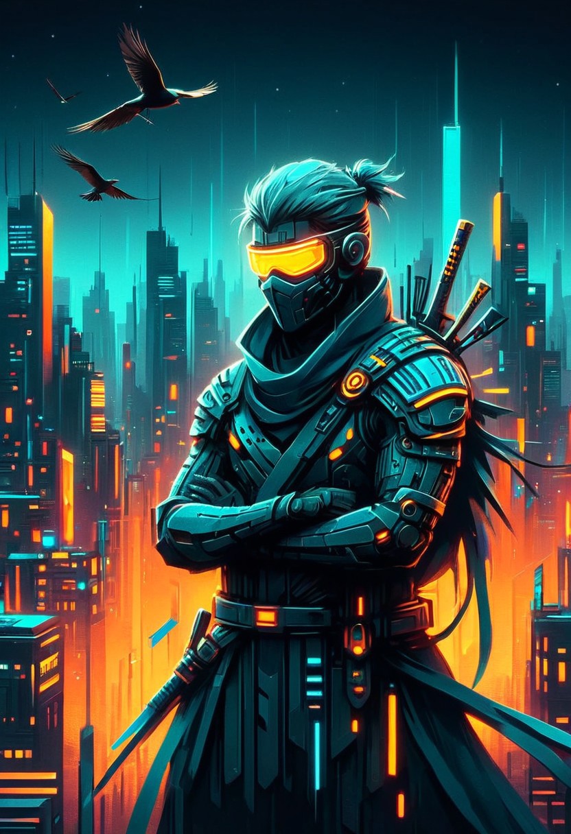ninjas, A closeup of fantastical image of a ninjas Standing with folded arms across chest, standing on the roof of the city, darkness of night fall, Their filled with power and determination, clad in flowing, flowing long scarf, scarf ornate, sword behind the body, a flock of blackbirds flying, tall cyberpunk building city, cyberpunk city, neon city, outline, glowing, shiny, scifi, neon lights, intricate artistic color, cinematic light, radiant, vibrant, perfect symmetry, Grayscale, Dramatic spotlight, very dark, highly color focused, dynamic motion, mad-cybrpnkimprss
