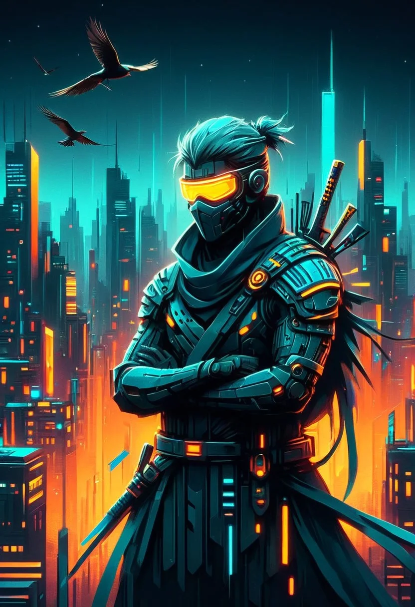 ninjas, A closeup of fantastical image of a ninjas Standing with folded arms across chest, standing on the roof of the city, darkness of night fall, Their filled with power and determination, clad in flowing, flowing long scarf, scarf ornate, sword behind the body, a flock of blackbirds flying, tall cyberpunk building city, cyberpunk city, neon city, outline, glowing, shiny, scifi, neon lights, intricate artistic color, cinematic light, radiant, vibrant, perfect symmetry, Grayscale, Dramatic spotlight, very dark, highly color focused, dynamic motion, mad-cybrpnkimprss
