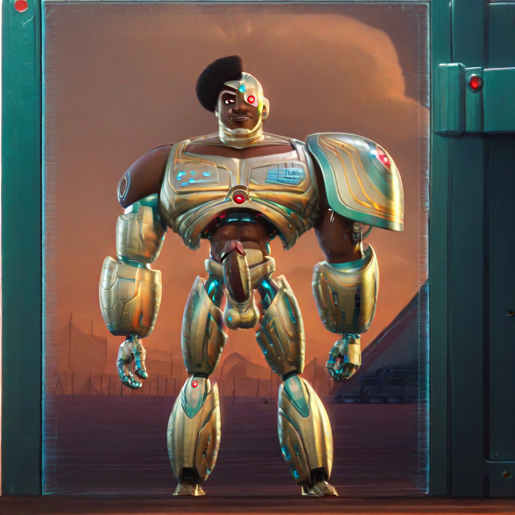 cyborg, robot, solo, mecha, 1boy, science fiction, dark skin, male focus, armor, dark skin, pubic hair, completely nude, abs, penis, balls, standing,  hard penis, score_9, score_8_up, score_7_up, score_6_up <lora:vinceteaa_020_04v2-step00000400r:1> good face, good eyes, looking at viewer, full body, standing,