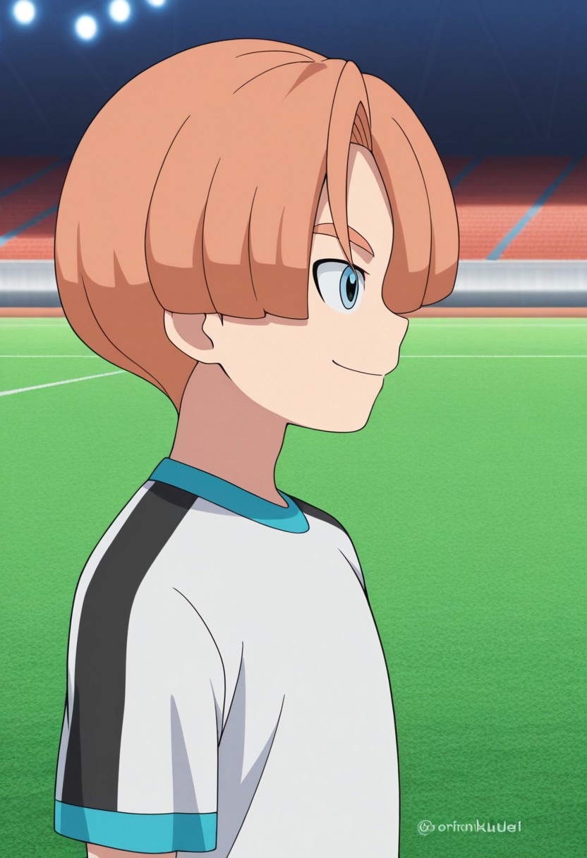 masterpiece,best quality,amazing quality, source_anime,
malikkuabel, 1boy, male focus, solo, blue eyes, orange hair, orion trainee soccer uniform, white shirt, smile, portrait,
outdoor, stadium, grass,