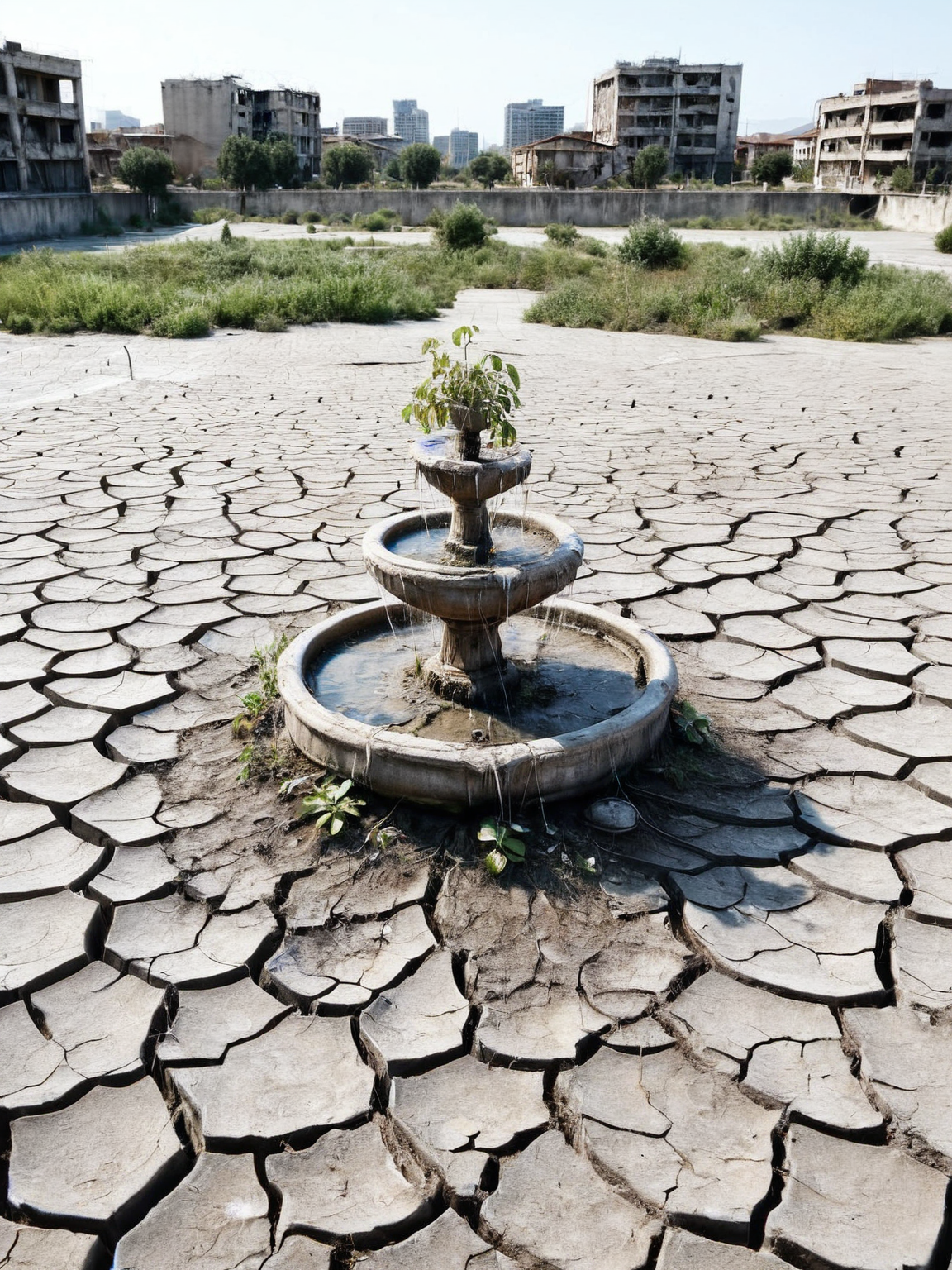 An ais-prchd urban scene showing the contrast between abandoned, dry fountains and the resilience of nature, with plants growing through cracks in the concrete <lora:ais-prchd-sdxl:1>