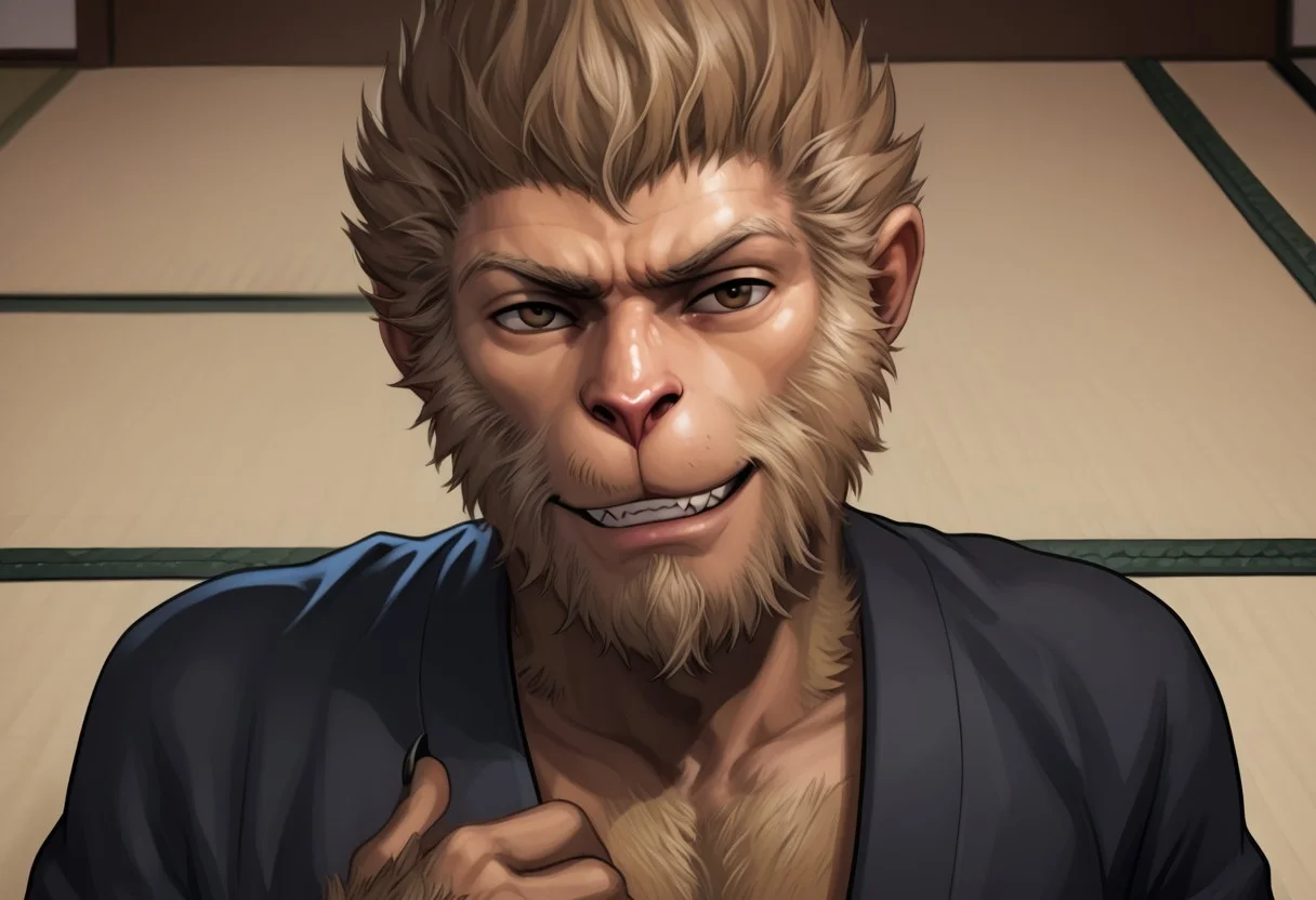 score_9, score_8_up, score_7_up, score_6_up, aoj_sr, 2d, source_cartoon, dojo, night, Black Myth Wukong, (1male,Wukong, monkey king,WU KONG,Monkey anthro monster creature male,brown eyes,brown bright fur,furred hairy furry body,solo,smug smirk,looking at the viewer,black kimono), better view, closer look, face focus, lying on tatami, showing teeth,