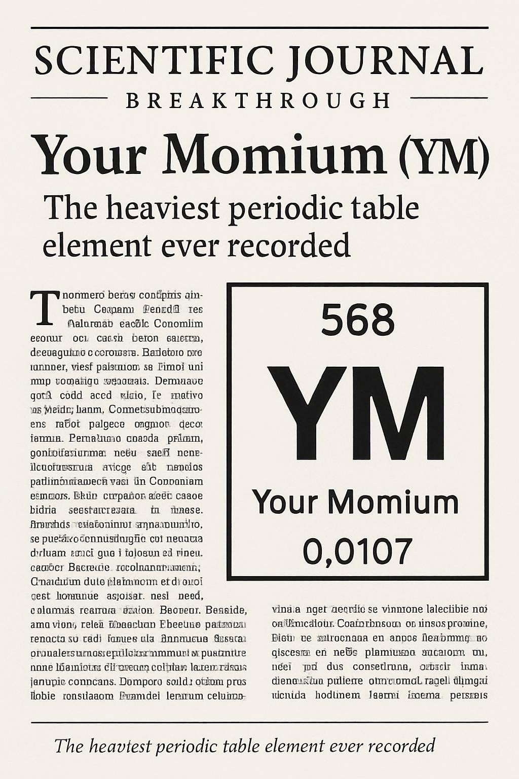 Scientific journal breakthrough highlighting "Your Momium" (YM) as the heaviest periodic table element ever recorded with illustration