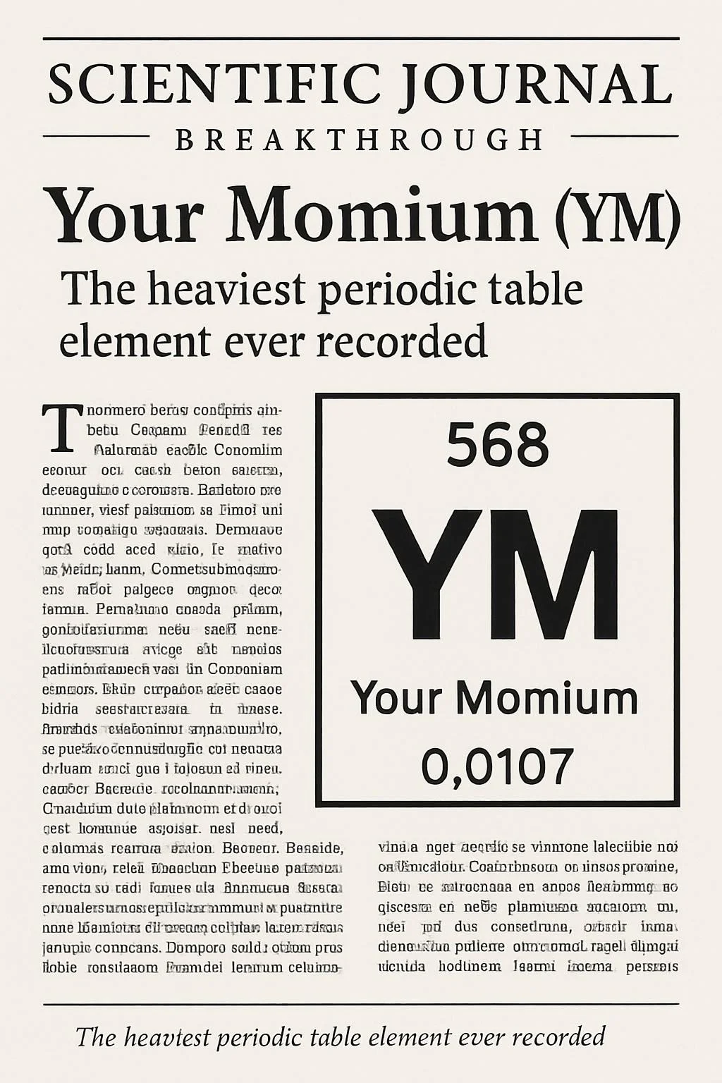 Scientific journal breakthrough highlighting "Your Momium" (YM) as the heaviest periodic table element ever recorded with illustration