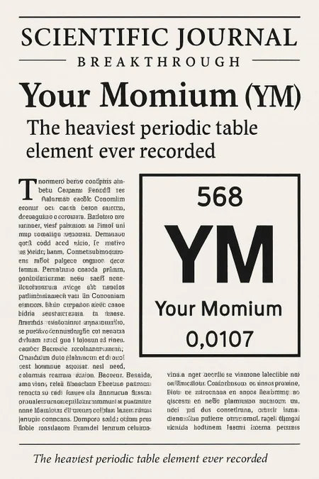 Scientific journal breakthrough highlighting "Your Momium" (YM) as the heaviest periodic table element ever recorded with illustration