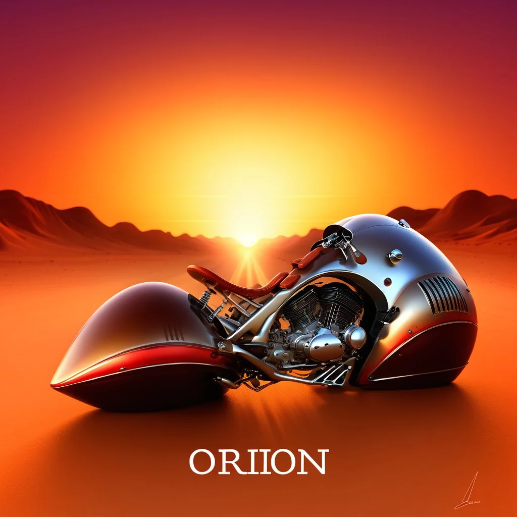 science fiction, simple background, sunset, gradient background, desert, english text, photo background, vehicle focus, Orion, Orinon_streamliner, Motorcycle,