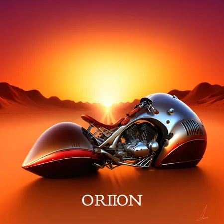 science fiction, simple background, sunset, gradient background, desert, english text, photo background, vehicle focus, Orion, Orinon_streamliner, Motorcycle,