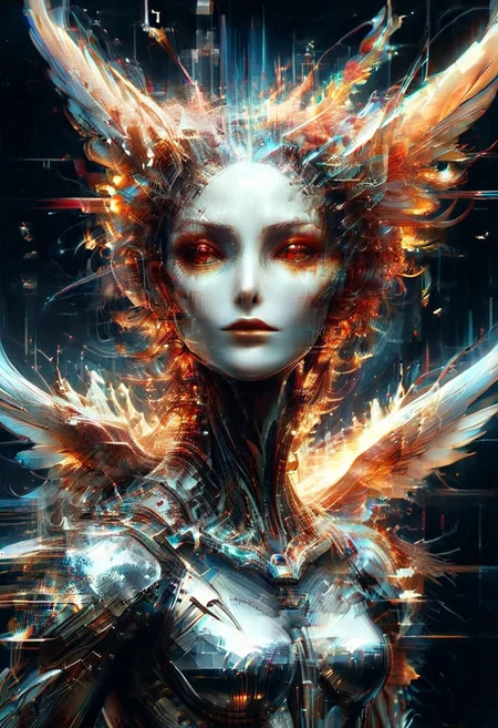 (masterpiece, best quality, stunning, highly detailed, close-up view of an angel-demon hybrid creature, (divine skin, detailed red eyes, detailed glitch-like hair, digital chrome armor), dramatic lighting, HDR, (mythical, fantasy), oil painting), legendary creature, trending on artstation, cyberpunk, flickering wings, glitch style, gustavedore style