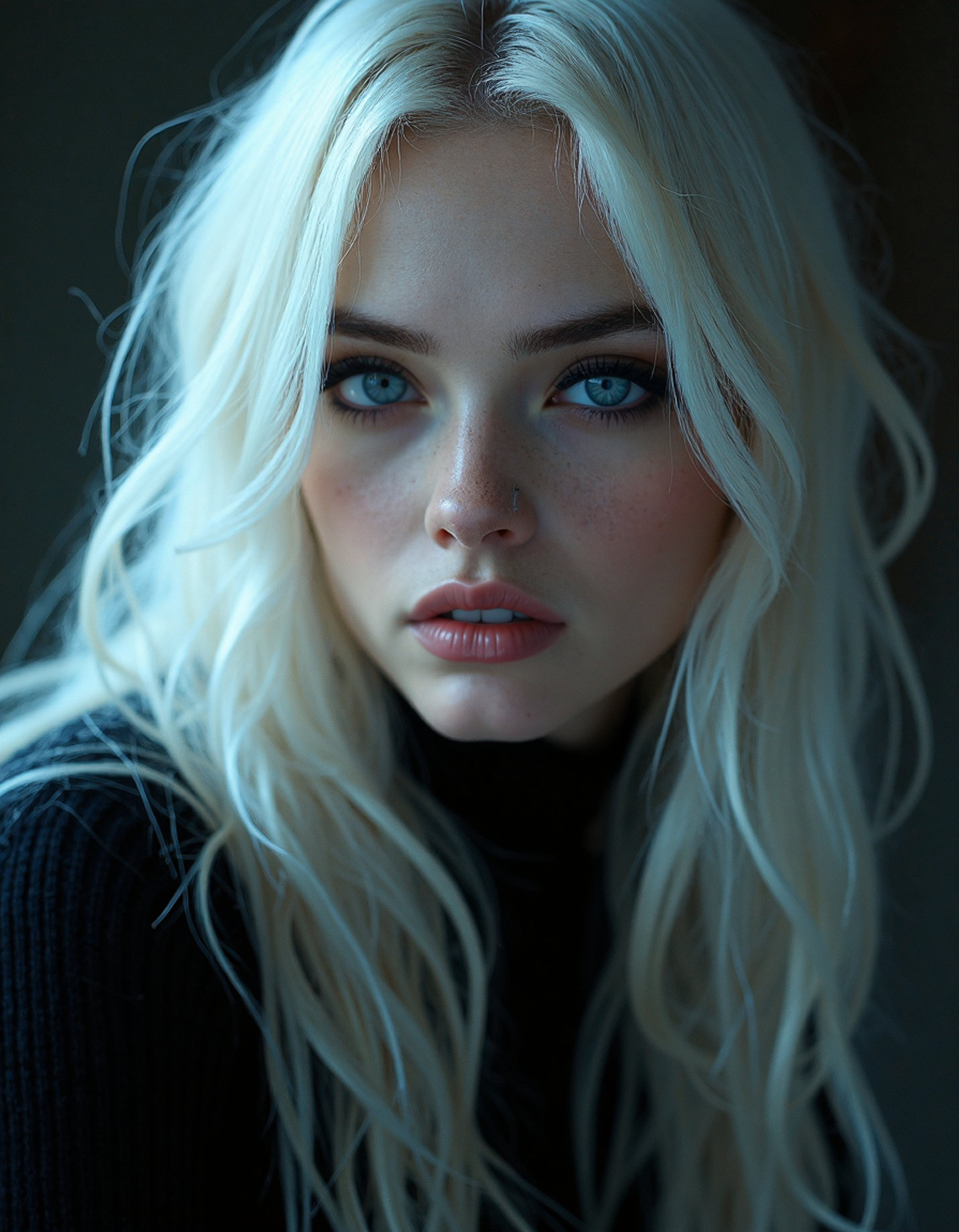 texture (dark mood masterpiece Photography:1.2), portrait of a mysterious woman with blue eyes and bold eyeliner looking seductively, smirking, naughty expression, long wavy white hair. The extreme realism focuses on her detailed skin, showing fine textures and natural highlights. photography masterpiece, modern, irresistible beauty, fuzzy lighting, dark mood, unusual composition, use of negative space, (rule of thirds composition), simmetry , mysteriouse, emotional, flirting, (fine erotic content:0.65), groundbreaking unrivaled opus with unrivaled details, (Safety Yellow color scheme), highly detailed, melancholic, low-light hyper detailed photography, catchlights, from below, professionally shot,seen from behind,style by jamie hewlett,canon 5d mark 4,Pictorialist Photography,low key lighting top down close-up