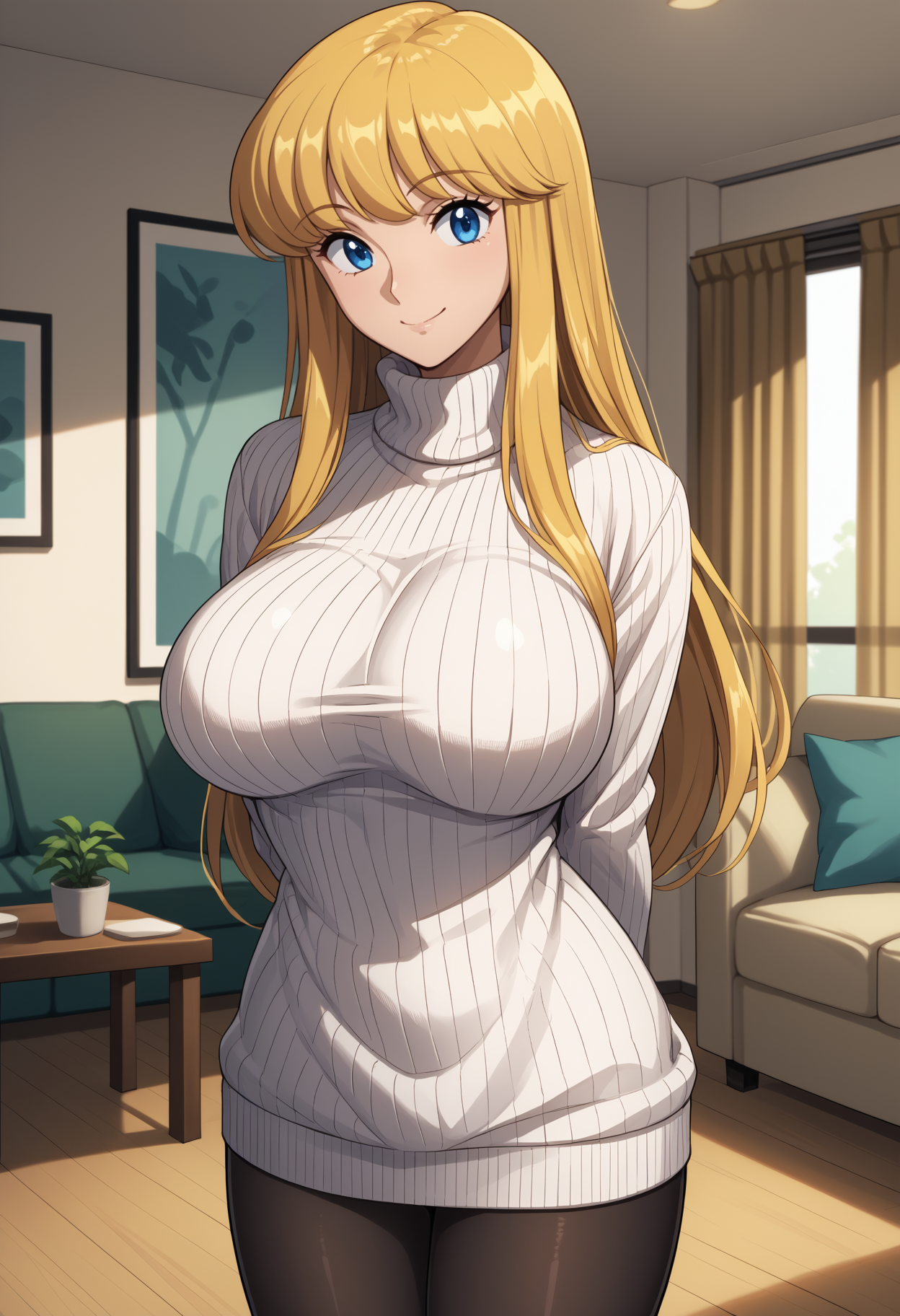 score_9, score_8_up, score_7_up, source_anime, <break> solo, 1girl, akimoto reiko, smile, looking at you, standing, arms behind back, long hair, blonde hair, blue eyes, white sweater, sweater dress, ribbed sweater, turtleneck, black pantyhose, large breasts, indoors, living room
<segment:yolo-face_yolov8m.pt,0.4,0.5//cid=1>