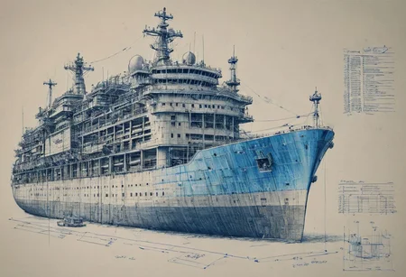 construction plan with blue thin lines for a huge ship with 6 floors sketch style high def