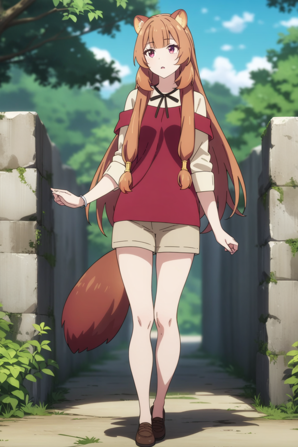 casual clothes, tny-raphtalia, raccoon tail, (full body), solo, 1girl, outdoors, masterpiece, best quality, very aesthetic, absurdres, recent <lora:tny-raphtalia-V02-000003:0.6>