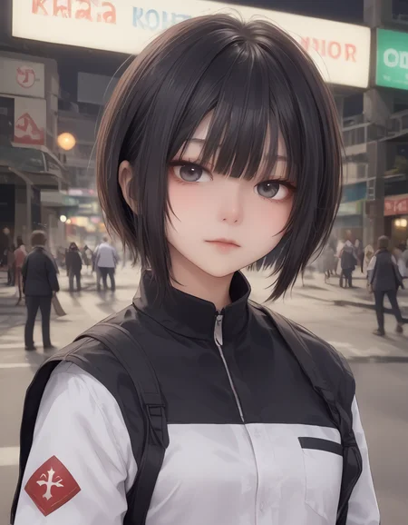 anime artwork GTA-style artwork cinematic film still A rebellious girl with leaning against a Citroen DS 32 with dual headlights,parked in a neon-lit urban area,
1girl,<lora:SUYA_TAT:1>,medium breasts,black eyes,<lora:Anime_detail_eye:0.7>,black hair,short hair,hime cut,messy hair,blunt bangs,
with her jacket adorned with very artistic letters displaying the word ("Klauss2":1.8), . shallow depth of field, vignette, highly detailed, high budget, bokeh, cinemascope, moody, epic, gorgeous, film grain, grainy . satirical, exaggerated, pop art style, vibrant colors, iconic characters, action-packed . anime style, key visual, vibrant, studio anime, highly detailed