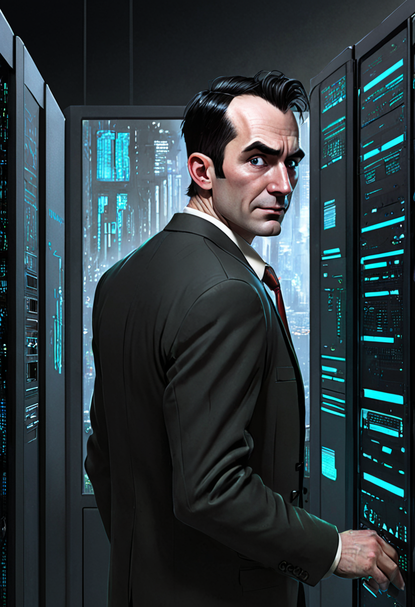 <lora:BillMatheson:.5> A BillMatheson man hacking into a dystopian city's mainframe to restore freedom to the citizens