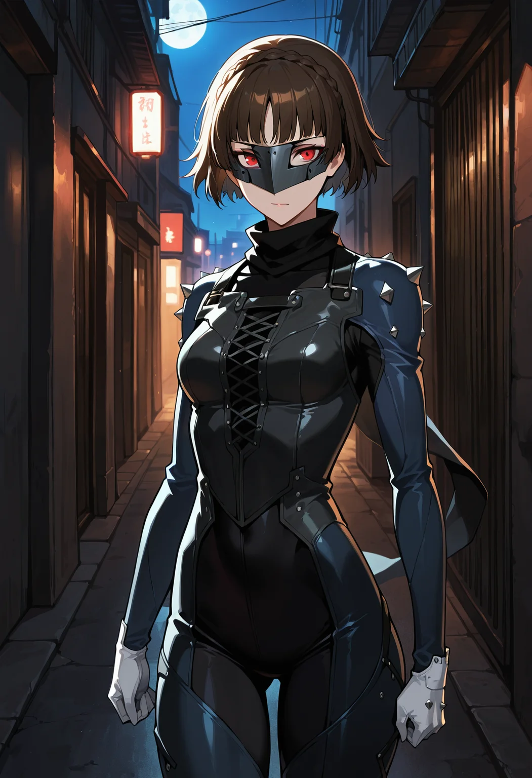 (masterwork, masterpiece, best quality, hyper-detailed :1.2)
1 girl, solo
p5makoto, niijima makoto, brown hair, blunt bangs, crown braid, red eyes,
p5makoto-queen, bodysuit, black bodysuit, navy blue bodysuit, spikes, shoulder spikes, white gloves, scarf, black scarf, mask, biker clothes,
outside, cowboy shot, dark, alley, street, streetlight, shadows, full moon, starlight, dramatic pose,