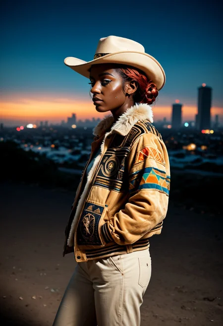 score_9, score_8_up, score_7_up, amazing quality, ((single character)), full profile photo, (full character profile:1.2), 80's film grain,
BREAK, background of industrial cyberpunk city with neon advertisements, outdoors, dark sky,
BREAK, (a dark skinned Egyptian woman with a curious expression:1.5), (fuzzy auburn hair in bun with a tan cowboy hat:1.3), (standing with hands in jacket pockets:1.2),
BREAK, wearing a colorful African styled top (green yellow red pattern) and grey sweat clothes underneath,