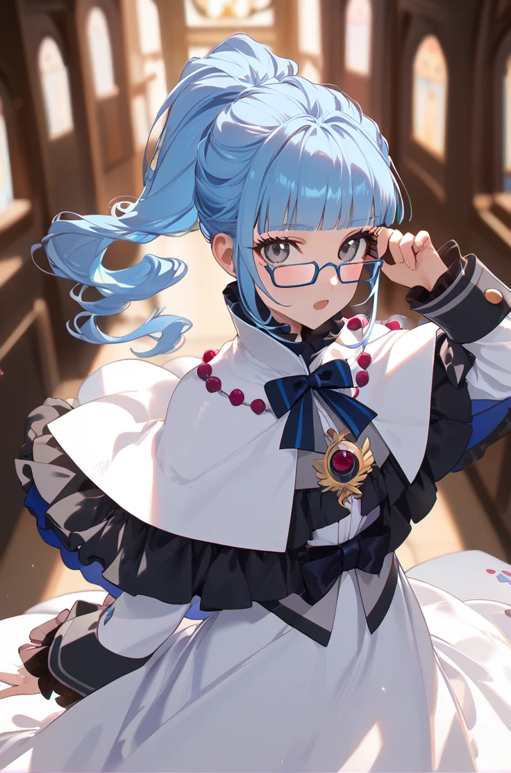 score_9, score_8_up, score_7_up, very aesthetic, source_anime, detailed,
blurry background, simple background,
dynamic angle, close up, cowboy shot, glasses, adjusting glasses, looking at viewer, open mouth, blush,
<lora:ange_autismConfetti_v02:1>angeBase, blue hair, blunt bangs, ponytail, high ponytail, grey eyes, long hair,
long dress, white dress, sleeve cuffs, long sleeves, capelet, frills,, zPDXL