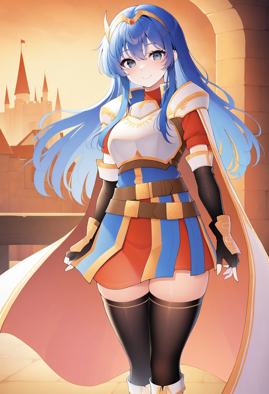 masterpiece, best quality, 1girl, solo, <lora:caeda-fe-richy-v1_ixl:1> caedaatt, blue eyes, blue hair, long hair, bangs, tiara, red and blue dress, white shoulder armor, breastplate, cape, multiple belts, black gloves, elbow gloves, fingerless gloves, elbow gloves, black thighhighs, thighs, white boots, standing, smile, blush, looking at viewer, indoors, castle, sunset, orange theme, backlighting