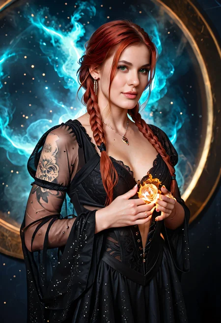 a fierce red‑haired sorceress standing amid smoldering battlefield ruins, emerald eyes burning with ruthless determination, jagged arcane tattoos glowing crimson on her forearms, tattered crimson‑golden mage robes streaked with ash and soot, heavy leather corset with metal studs, clenched fist crackling with fiery runes, blood‑spattered cobblestones underfoot, distant silhouettes of broken siege engines, stormy sky lit by flickering embers, sharp facial features, cold glare, dramatic backlighting, cinematic composition, ultra‑detailed, fantasy realism, 4k