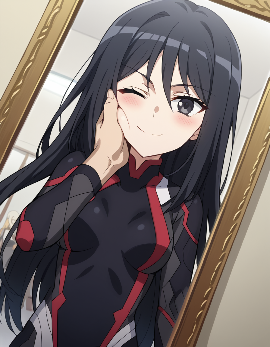 score_9, score_8_up, score_7_up, source_anime, <lora:shutaura-sequenzia-movie-ponyxl-lora-nochekaiser:1>, shutaura sequenzia, long hair, black hair, black eyes, hair between eyes, anime screencap,, bodysuit, black bodysuit, pilot suit, fitting room, mirror, clothes, privacy, store, , <lora:guided-hand-on-cheek-ponyxl-lora-nochekaiser:1>, guided hand on cheek, hand grab, hand on another's cheek, hand on another's face, looking at viewer, pov, pov hands, smile, blush, one eye closed, caress, caressing cheek, looking at viewer, solo,, dutch angle, cowboy shot