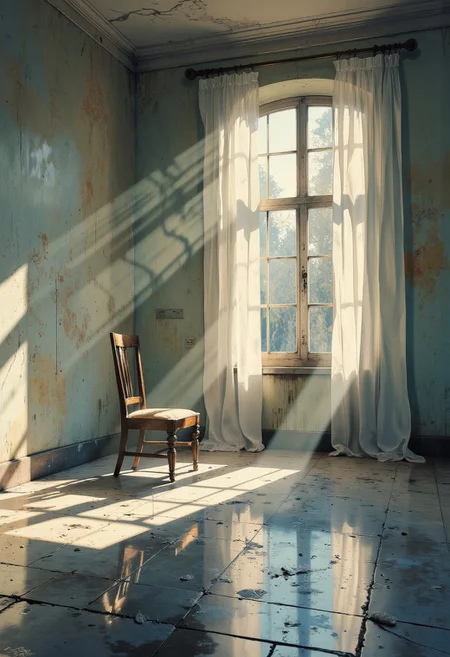 ArsMJStyle, impressionism, ultraclean minimalist cinematic render, soft desaturated color palette, shallow depth of field – a single chair facing a window in an empty concrete room, cold daylight filters through sheer curtains, everything slightly unfocused at the edges, floor dust visible in crisp detail, shadows long and soft, no human presence, faint scratch marks on the wall behind the chair, composition offset to the left, silent atmosphere with no warmth, no objects beyond the chair and window, stillness heavy in the air