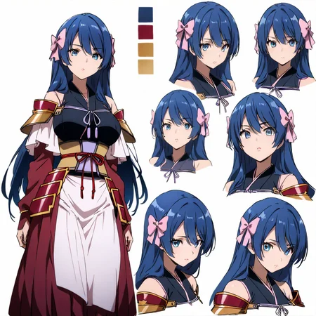 solo,anime coloring,looking at viewer,masterpiece,high score,great score,absurdres,
<lora:character_Sheet_XL:1> character sheet, multiple views,<lora:NiwaNagahide ag4o:1> niwanagahide, blue hair, long hair, blue eyes,japanese armor,long skirt,
