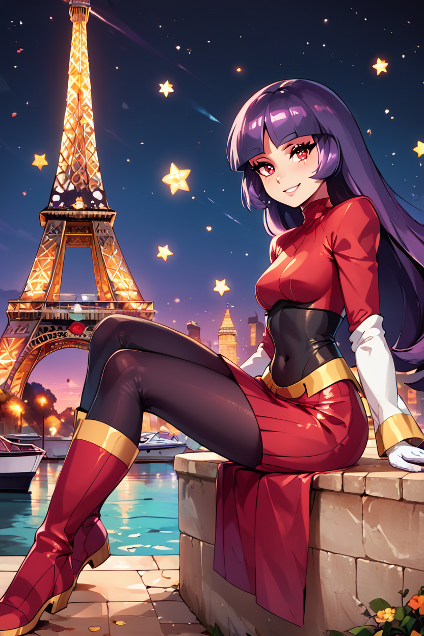 score_9, score_8_up, score_8, medium breasts, (curvy), cute, eyelashes,       BREAK, , ,,,   zzSabrina, red eyes, long hair, blunt bangs, sabrina (pokemon), purple hair, pantyhose, black hair, long sleeves, red skirt,  white gloves, black bodysuit,  ,<lora:Sabrina_Pokemon_PDXL:0.8>, ,,, , BREAK, zzEiffelTower in background, sitting, watercraft, boat, sitting on wall, side view, looking at viewer, smile, ,,, BREAK, blooming stars, luminescent petals, otherworldly fragrance blurry background, ,,, embedding:zPDXL, Expressiveh, ,,, <lora:EiffelTowerPDXL:0.8>, <lora:CatalystStylePDXL:0.6>, <lora:SDXLFaeTastic2400:0.5>, <lora:Expressive_H-000001:0.4>,