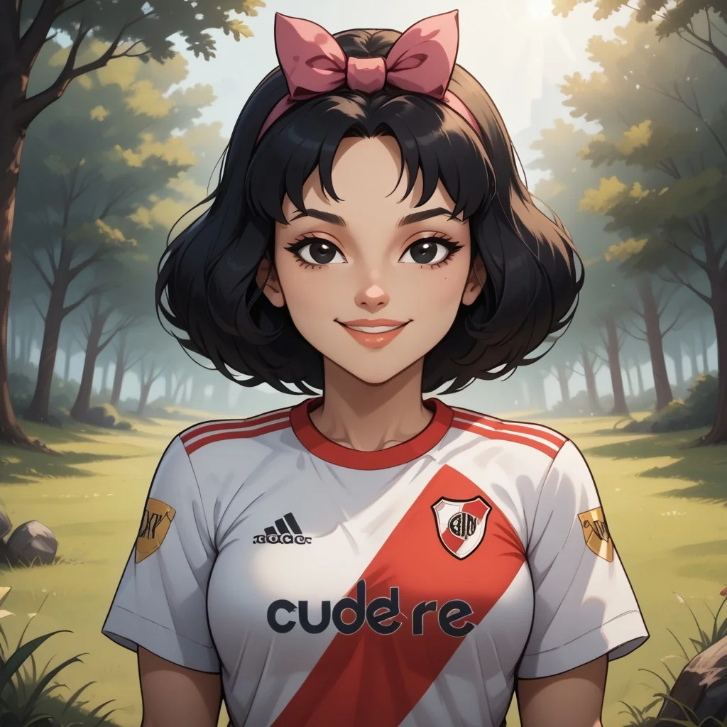 score_9, score_8, BREAK, solo, total drama, 1girl, black hair, white skin, pink hair bow, black eyes, lips, pointy nose, RiverPlate, striped shirt, striped, shirt, white shirt, short sleeves, clothes writing, sportswear, soccer uniform, Ella_(\Total_Drama\), tdpi, cute, sexy pose, self portrait, smile, looking at viewer, outdoors, sunlight, shadows, evening lighting, natural lighting, forest, trees, grass, orange sky, sunset