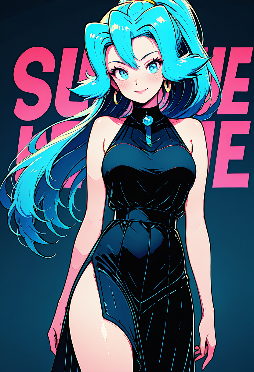 masterpiece, best quality, 1girl, solo, eyelashes, (beautiful eyes),    zzClair, solo, 1girl, long hair, blue hair, blue eyes, ponytail, breasts, looking at viewer, blush, smile, bangs, dress, bare shoulders, jewelry, medium breasts, very long hair, closed mouth, standing, cowboy shot, earrings, sleeveless, black dress, bare legs, sleeveless dress, side slit, hoop earrings, text, text in background  <lora:ClairPokemonIXL_e08:0.8>,   ,<lora:80sPopStyle_IXL_v1:1.0>,