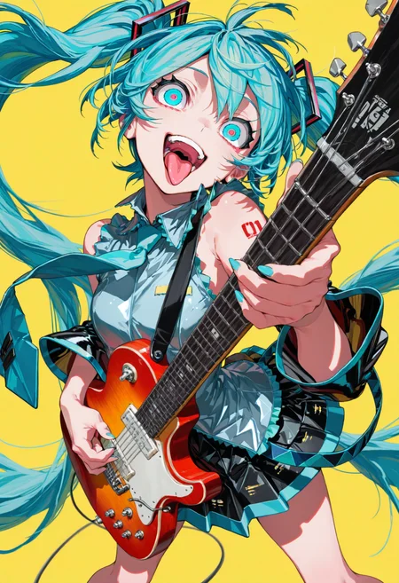 <lora:Style_Mika_Pikazo:1>, yellow background,
hatsune miku, holding instrument, electric guitar, open mouth, crazy eyes, tongue out, looking at viewer, foreshortening, masterpiece, best quality