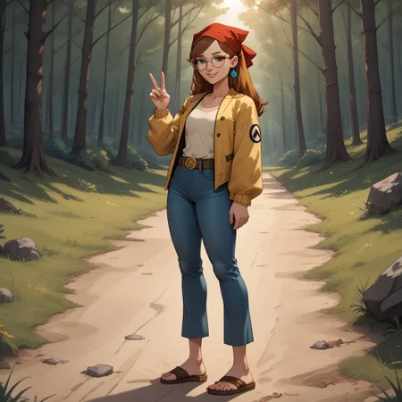 score_9, score_8, BREAK, solo, red bandana, auburn hair, glasses, freckles, lips, peace symbol earrings, yellow long sleeves, brown sleeveless mini jacket, blue long jeans, flip flops, total drama, Miles_(Total_Drama), belt, black eyes, sexy pose, self portrait, smile, outdoors, sunlight, shadows, evening lighting, natural lighting, forest, trees, grass, orange sky, sunset