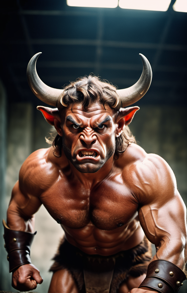 cinematic film still the Minotaur stares at the viewer,angry,nostrils flaring,muscles tensed,ready to attack,, style by Dan Winters,RAW photography,film grain,(indistinguishable from reality:1.4),photo taken with a Bolex H16 . shallow depth of field, vignette, highly detailed, high budget, bokeh, cinemascope, moody, epic, gorgeous, film grain, grainy