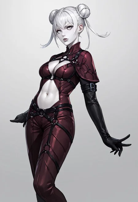 score_9, score_8_up, score_7_up, score_6_up, score_5_up, score_4_up, source_anime, solo, 1girl,
twin-buns, white hair, gray eyes, black outfit, pale skin, navel cutout, high boots, lips, curvy, twin-buns, white hair, gray eyes, black and maroon outfit, pale skin, midriff, navel, lips, black gloves, cleavage, black sleeves, harness,
masterpiece, best quality, very aesthetic, absurdres,