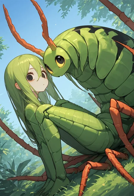 score_9, score_8_up, score_7_up, score_6_up, score_5_up, score_4_up, Expressiveh, (feral insect girl, feral caterpillar girl:1.2), full body shot, rearing up, perky breasts, green caterpillar, open mouth, cute, petite, (arms down at sides), single orange horn, (two-pronged horn), green body, leaves, looking at viewer, ((crawling, slithering, many legs:1.2), big bulbous head, long body, gigantic eyes, expressionless, wide eyes, centipede legs:1.4), black eyes, black irises, (dilated eyes), yellow sclera, big eyes, outdoors, blue sky, sunny day, black stripes, (dutch angle, diagonal view, side view:1.3)