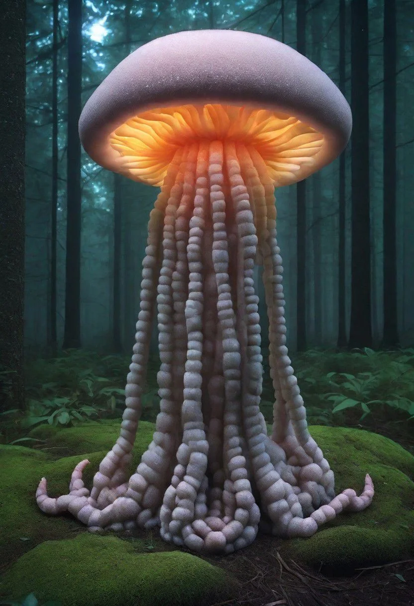A jellyfish forest with mushrooms glowing in the dark, a forest fantasy in a nature scenery. hideous, monstrous, dwarf humans performing an ancient ritual <cdt:d1=2;d2=2;hrs=1;hd1=2;hd2=2;st1=12;st2=0>