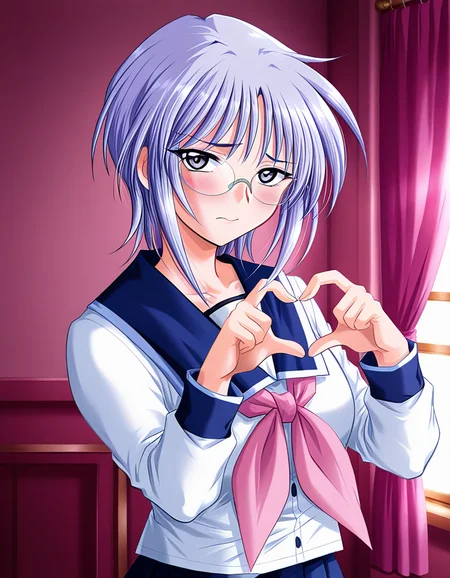 masterpiece, best quality, amazing quality, very aesthetic, absurdres, official art, ultra detailed,
1girl, solo, hikawa_aya(shinai), short hair, purple hair, purple eyes, glasses, BREAK
school uniform, serafuku, skirt, pink neckerchief,
blush, looking at viewer,
standing, heart hands,
in room, upper body, deep contrast of light and dark, sharp focus, depth of field, highly detailed
<lora:Hikawa_aya(shinai) v1.00-000015:1>