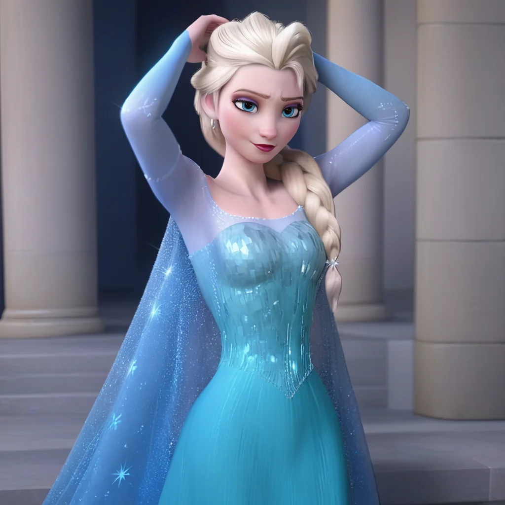 score_9, score_8_up, score_7_up, score_6_up, score_5_up, score_4_up, 3d, <lora:Elsa_Frozen:0.8>, elsa33, 1girl, long hair, blue eyes, blonde hair, dress, cape, makeup, single braid, hair over shoulder, BREAK arms up, armpits