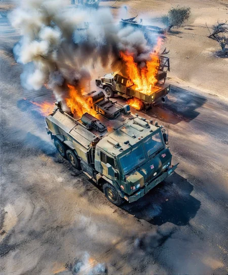 vertical perspective aerial photography,highres,dynamic blur,broken military trucks,smoke,fire,
