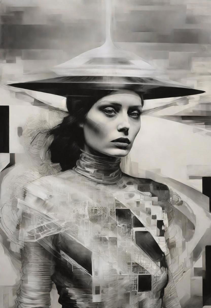 Monochrome black and white, Giger, Beksinski, Zawadzky, Dali, Magritte, Delvaux, Bellmer, Malevitch, Rodchenko, Mondrian, Kandinsky, Popovna, psychedelic hallucination, pop surrealism, rough crosshatch drawing pop art Lunatic_Portrait of a young woman in latex Avant-garde Fashion page, slick back, low bun, black makeup, sinister expression, intense glare, avant-garde, abstract, weird, geometric, constructivism, suprematism, rayonism, verticism, lineism, tj