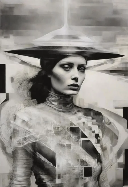 Monochrome black and white, Giger, Beksinski, Zawadzky, Dali, Magritte, Delvaux, Bellmer, Malevitch, Rodchenko, Mondrian, Kandinsky, Popovna, psychedelic hallucination, pop surrealism, rough crosshatch drawing pop art Lunatic_Portrait of a young woman in latex Avant-garde Fashion page, slick back, low bun, black makeup, sinister expression, intense glare, avant-garde, abstract, weird, geometric, constructivism, suprematism, rayonism, verticism, lineism, tj