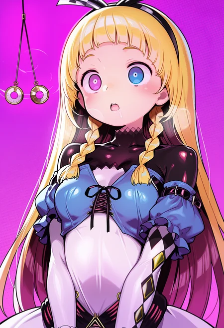 masterpiece, best quality amazing quality, bright eyes, very aesthetic, absurdres, girl, score_9, score_8, score_7, high res image, cute girl, ultra detailed eyes, clear skin, shiny hair, mind control, hypnosis, glowing eyes, upper body, short height, blank eyes, blank stare, empty eyes, ringed eyes, expression, gradient eyes, bright eyes, upper body, big eyes, open mouth, brainwashed, solo, 1girl,
<lora:alyce_(dohna_dohna)_Illustrious-XL_v1:1> alyce_(dohna_dohna), blonde hair, long hair, pink eyes, blue eyes, heterochromia, twin braids, blunt bangs, side braids, black hairband, bodysuit under clothes, black bodysuit, frilled dress, black gloves, argyle clothes, blue dress, white dress, watch, pocket watch, black footwear, frills, argyle legwear, pantyhose,two-tone dress, shoes, cross-laced dress, puffy sleeves, short sleeves, long sleeves, ribbon,
drooling,