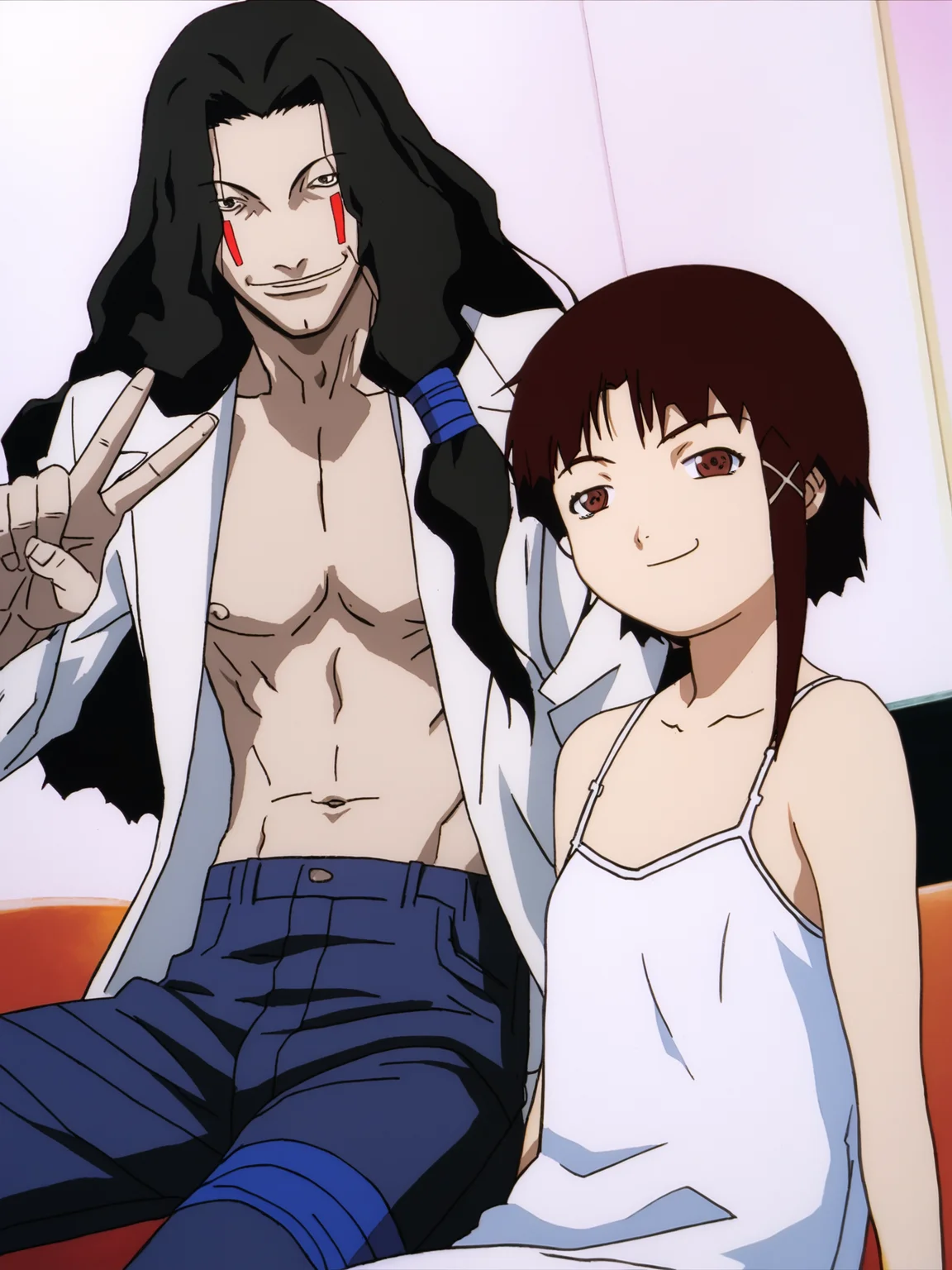 score_9, source_anime, masterpiece, best quality, white background, <lora:Masami Eiri_PDXLv0.5:0.8> 1boy, masami eiri \(sel\), long black hair, looking at viewer, smile, ((pace sing:1.5, v:1.2)), sitting next to other, ADDCOL smug, iwakura_lain_\(sel\), 1girl, white camisole, bare shoulders,