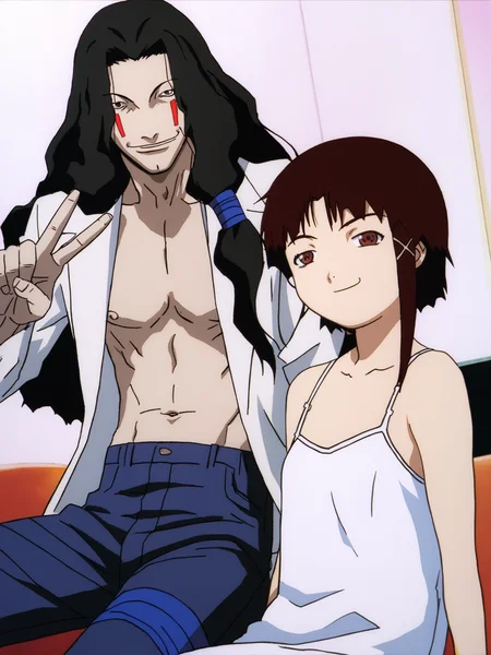 score_9, source_anime, masterpiece, best quality, white background, <lora:Masami Eiri_PDXLv0.5:0.8> 1boy, masami eiri \(sel\), long black hair, looking at viewer, smile, ((pace sing:1.5, v:1.2)), sitting next to other, ADDCOL smug, iwakura_lain_\(sel\), 1girl, white camisole, bare shoulders,