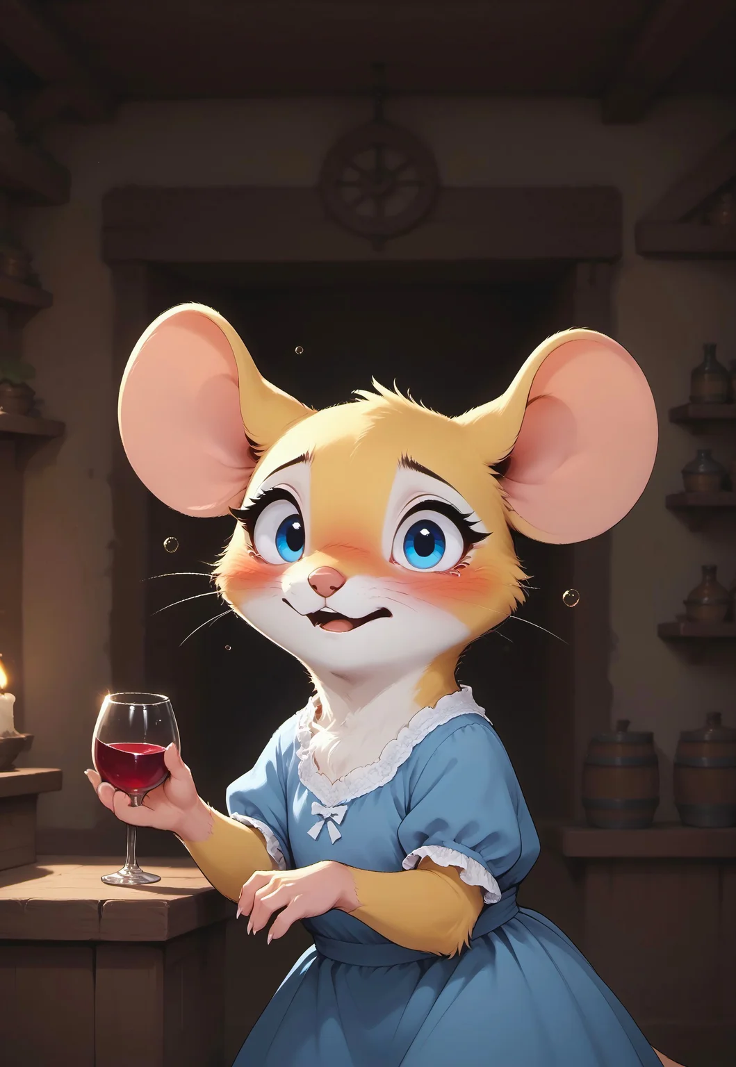 score_9, score_8_up, score_7_up, score_6_up, score_5_up, score_4_up, 
[][][][],
m0use_goldie, 
[][][][],
(solo), (cute, feral:1.5), (drunk:1.6), (nervous expression:1.5), look at viewer, (yellow fur, blue eyes, blue nightgown), leaning on object, holding wine glass, side view,
[][][][],
cottage, upper body shot, (head focus:1.5), (candlelight, dark, night), (chibi:0.1), (tail:2.2), (open mouth:0.9),