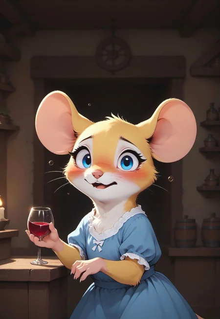 score_9, score_8_up, score_7_up, score_6_up, score_5_up, score_4_up, 
[][][][],
m0use_goldie, 
[][][][],
(solo), (cute, feral:1.5), (drunk:1.6), (nervous expression:1.5), look at viewer, (yellow fur, blue eyes, blue nightgown), leaning on object, holding wine glass, side view,
[][][][],
cottage, upper body shot, (head focus:1.5), (candlelight, dark, night), (chibi:0.1), (tail:2.2), (open mouth:0.9),