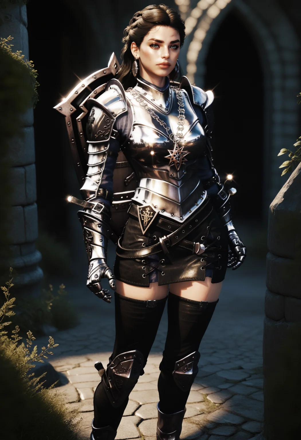 score_9, score_8_up, score_7_up,
1girl, solo,
<lora:Dark_DarkKnight_Pony_v1.0:0.75> d4rkkn1ght, armor, skirt, gauntlets, thighhighs, boots, shield, earrings,