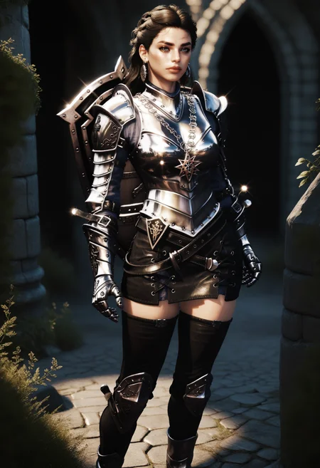 score_9, score_8_up, score_7_up,
1girl, solo,
<lora:Dark_DarkKnight_Pony_v1.0:0.75> d4rkkn1ght, armor, skirt, gauntlets, thighhighs, boots, shield, earrings,