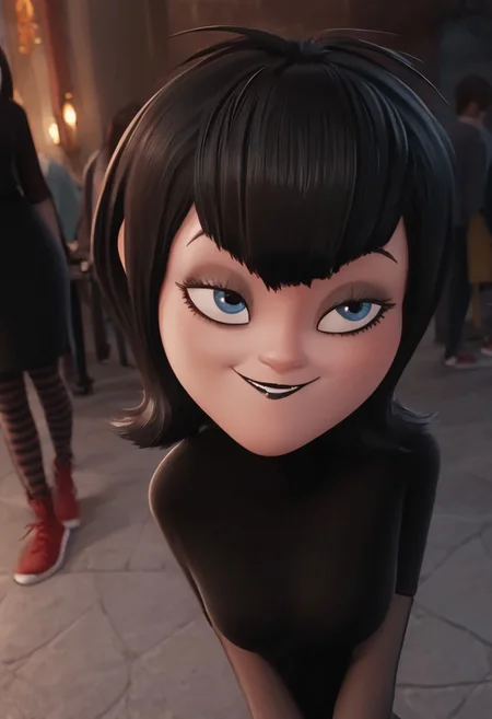 score_9, score_8_up, score_7_up, ultra quality, solo, 1girl, black hair, short hair, blue eyes, fangs, black lips, black nails, black dress, grey elbow gloves, striped pantyhose, red sneakers, smug smile, hips focus, breasts, big hips, huge butt, bubble butt, curvy, narrow waist, standing, looking to the viewer, view from above, close up, screencap