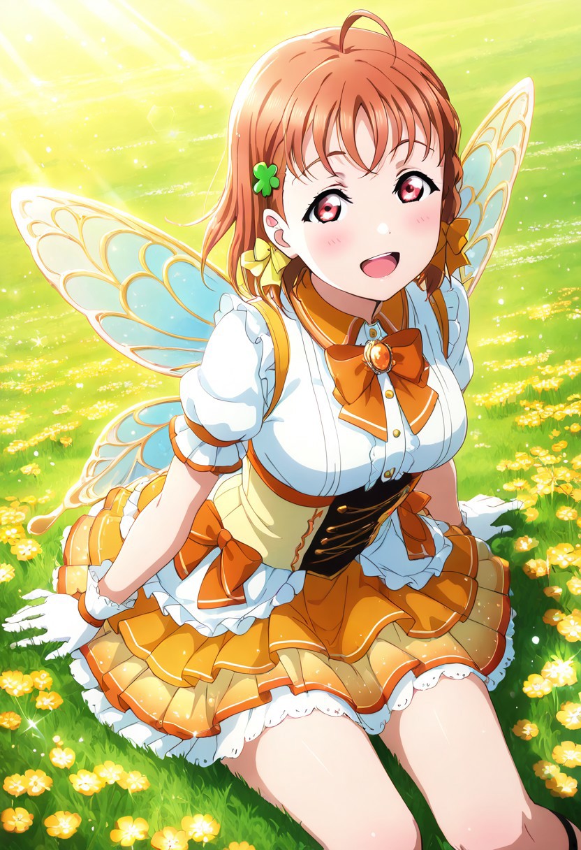 masterpiece, best quality, solo, 1girl, aged up, happy, medium breasts, 
 takami_chika, chika_takami, short hair, hair ornament, red eyes, bow, braid, ahoge, hair bow, orange hair, side braid, yellow bow, clover hair ornament, skirt, layered dress, ruffled sleeves, fantasy idol outfit, gemstone accents, fairy wings, flower field, warm sunlight, golden hour, lush grass, sparkling particles, magical atmosphere, singing in a meadow