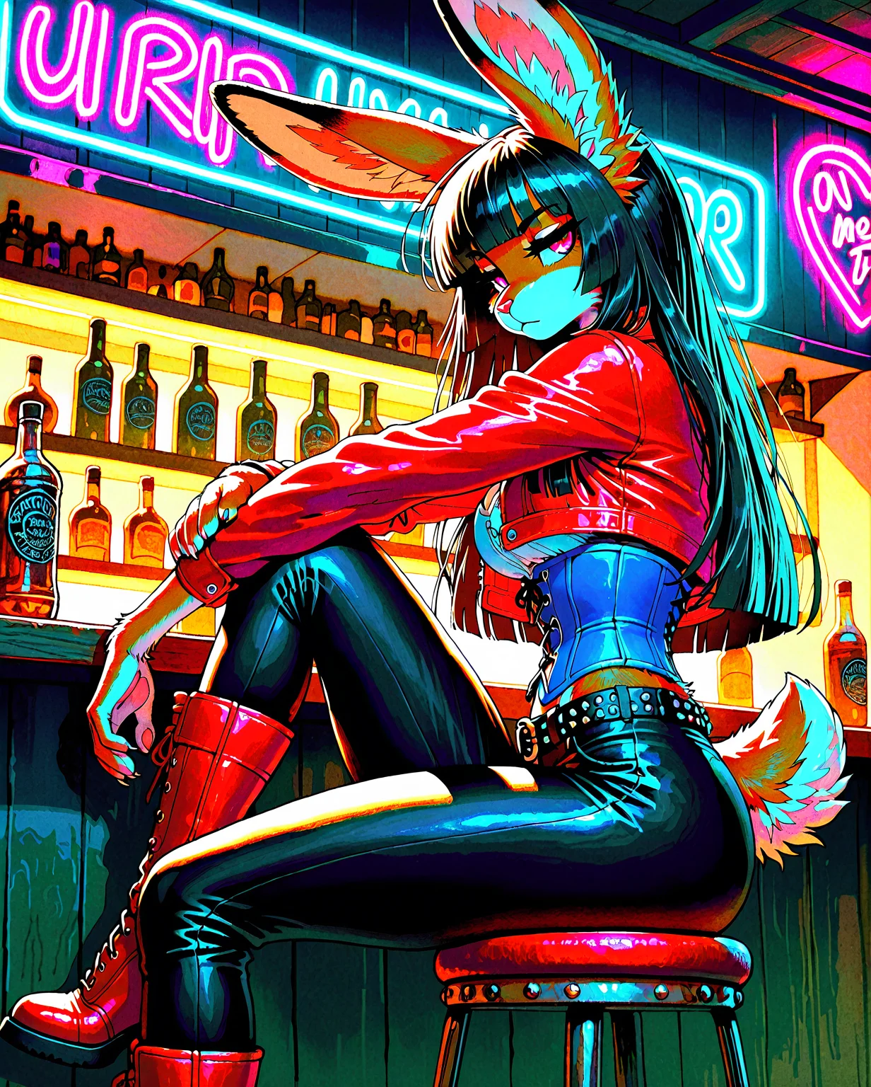 masterpiece, best quality, amazing quality, FMIXFT, fluffy body fur, radiant details, furry female, solo, rabbit ears, rabbit tail, brown body fur, (long hair, hime cut, black hair), blue corset, cropped jacket, red jacket, pink eyes, sitting, knee up, small claws, black pants, studded belt, red boots, indoors, bar, neon signs, stool, bottles, dim lighting, jitome, side glance